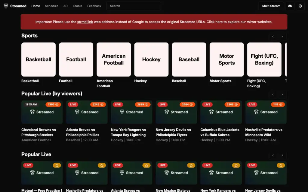 Home page di Streamed con gli sport e le partite in diretta ordinate per spettatori