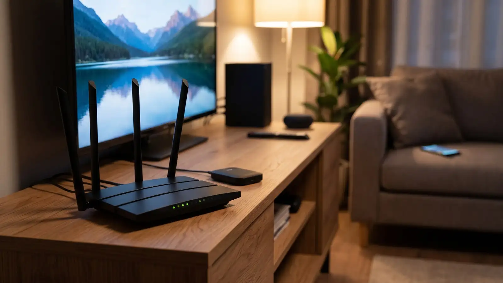 Домашний Wi-Fi роутер с VPN рядом с телевизором в гостиной